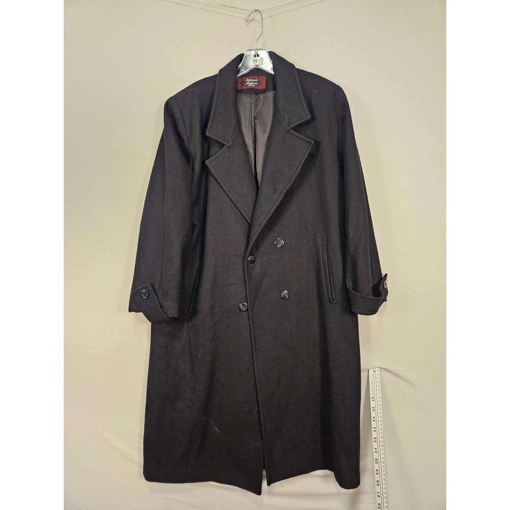 Stephanie Mathews Petite Mens Black 100% Wool Double Breasted Overcoat Long 46in